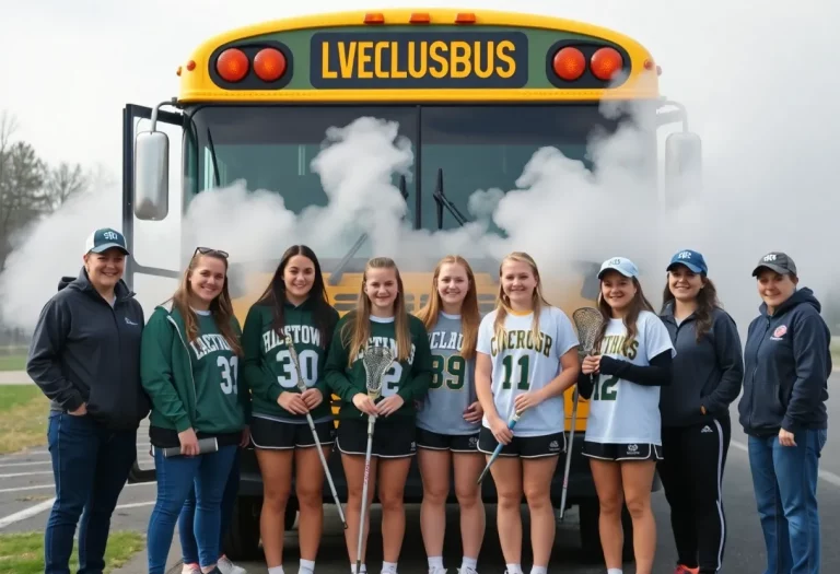 Medina High School girls lacrosse team and coaches outside charter bus after fire incident