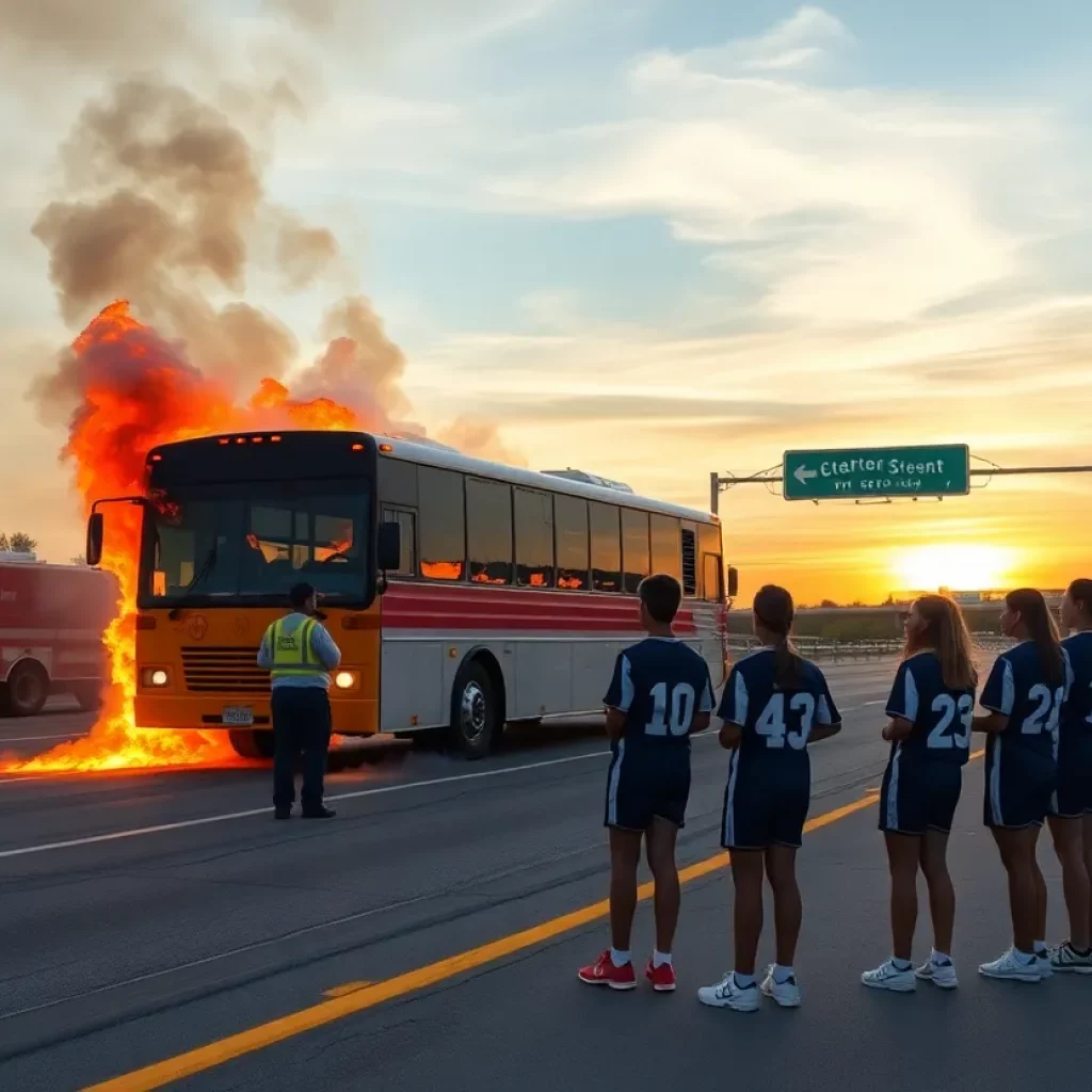 Scene of a bus fire with young athletes safely evacuated nearby