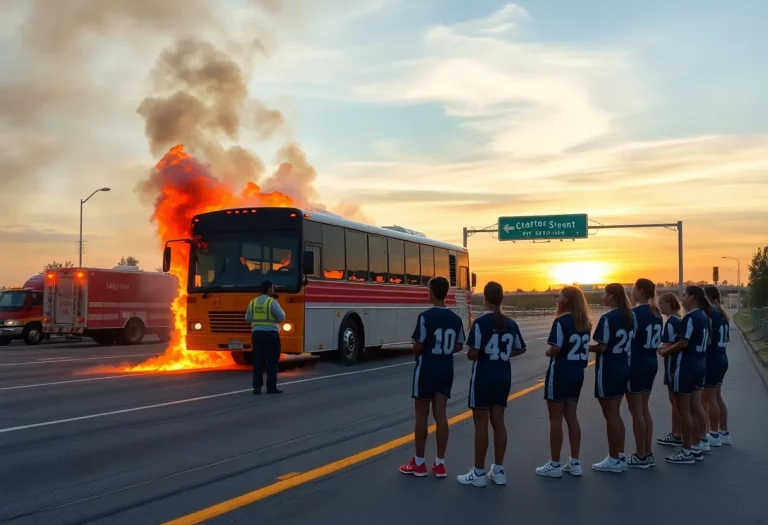 Scene of a bus fire with young athletes safely evacuated nearby