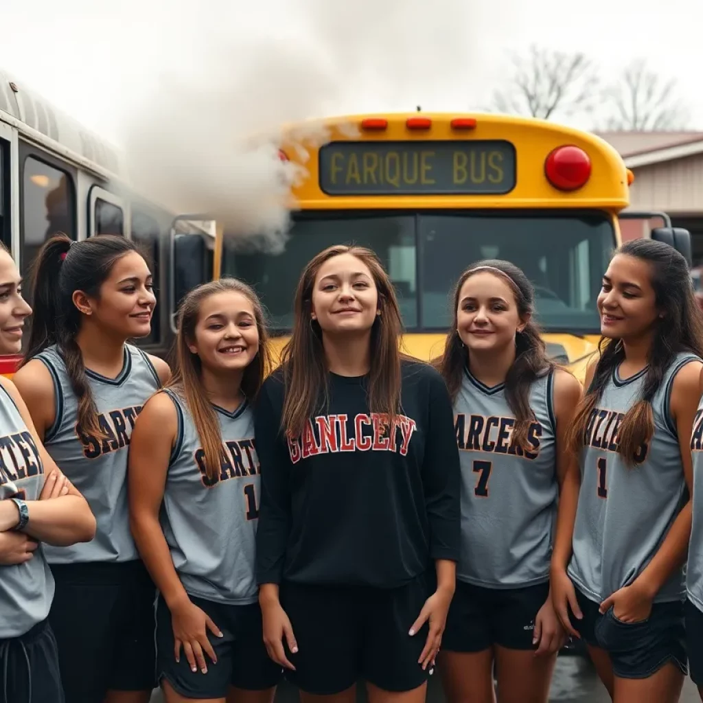 Medina girls' lacrosse team standing outside a smoking charter bus