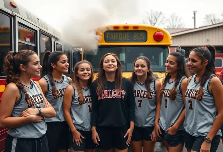 Medina girls' lacrosse team standing outside a smoking charter bus
