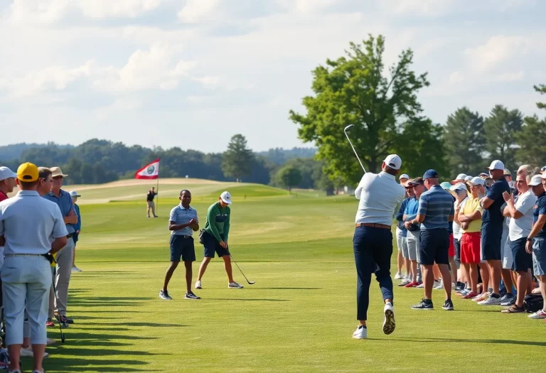 A vibrant scene of high school students playing golf during a tournament.