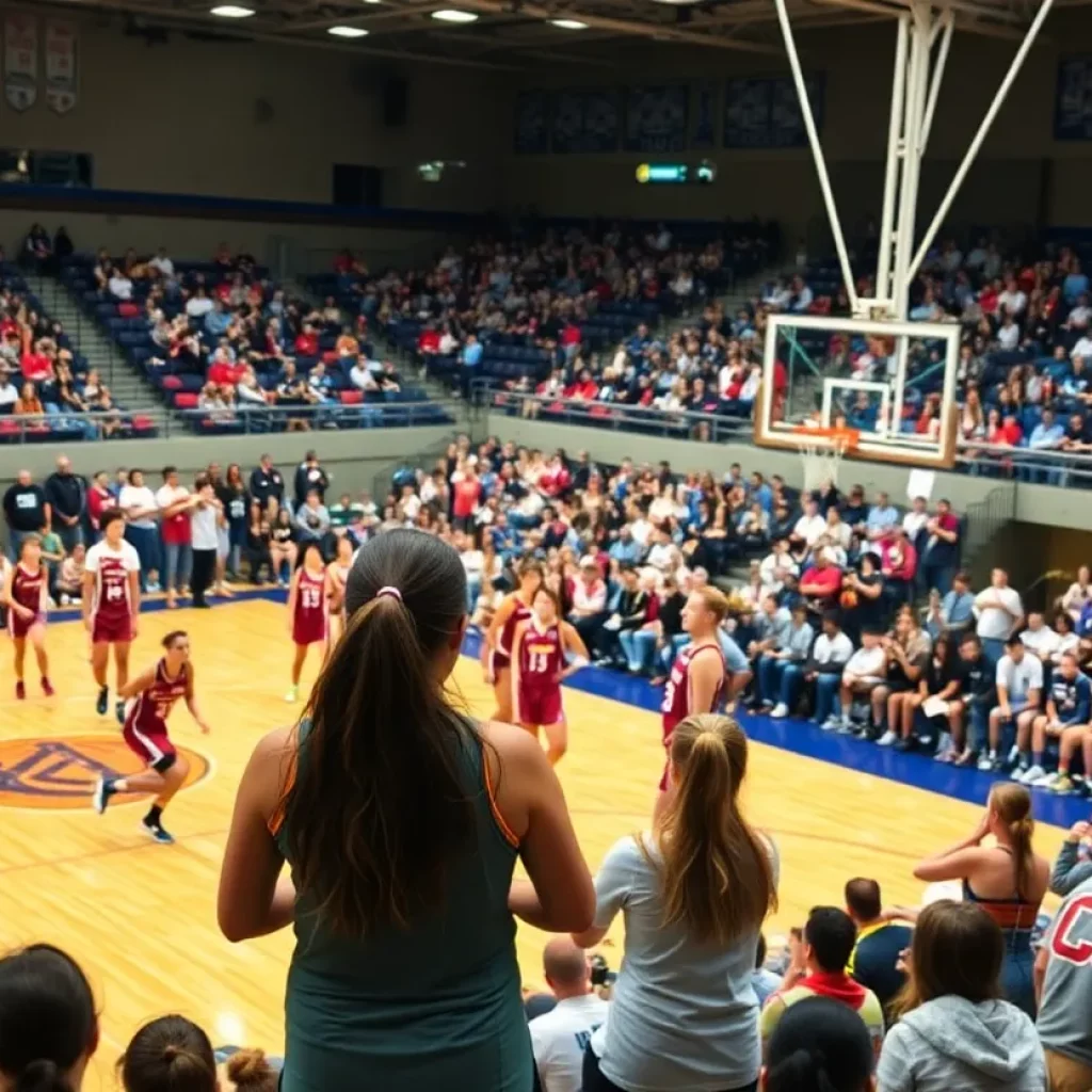 Exciting moment from the Minnesota girls basketball tournament with teams competing on the court.