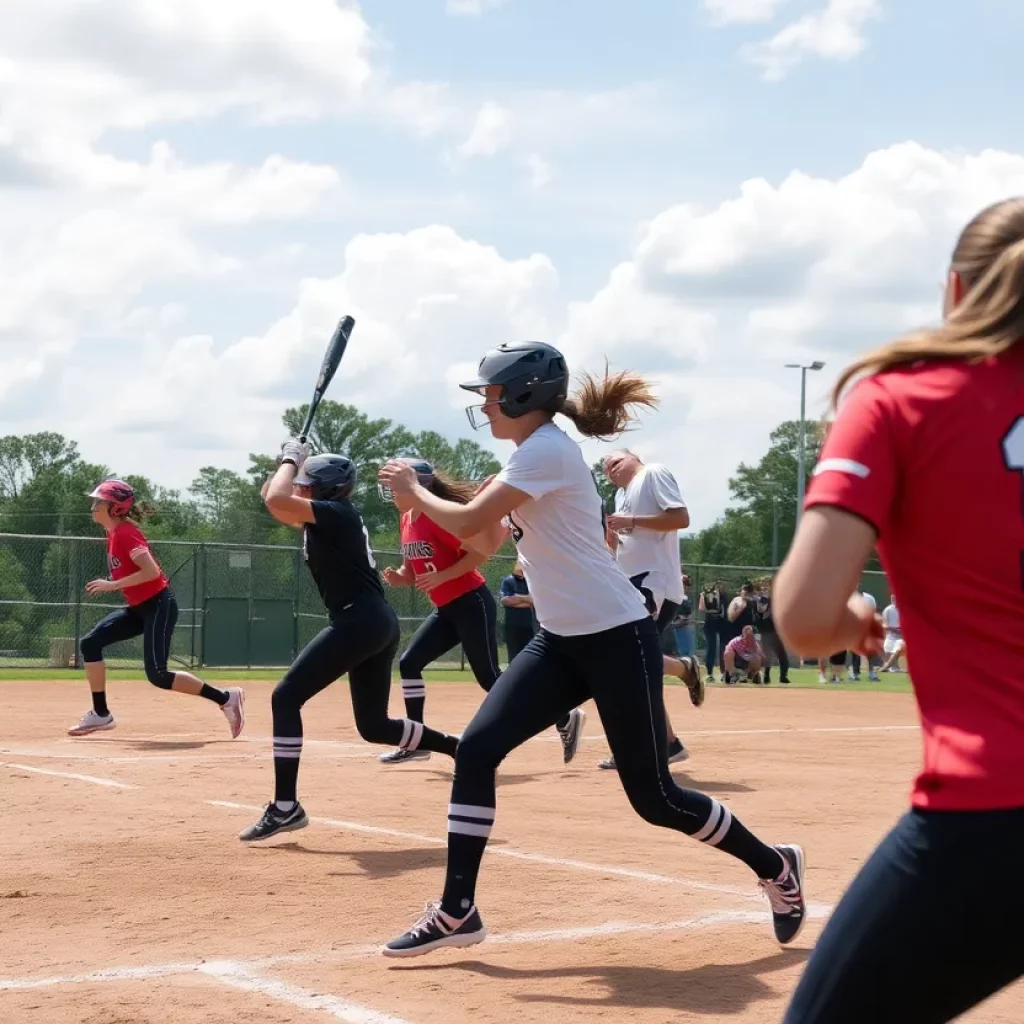 High school softball players in action during a game in Mississippi.