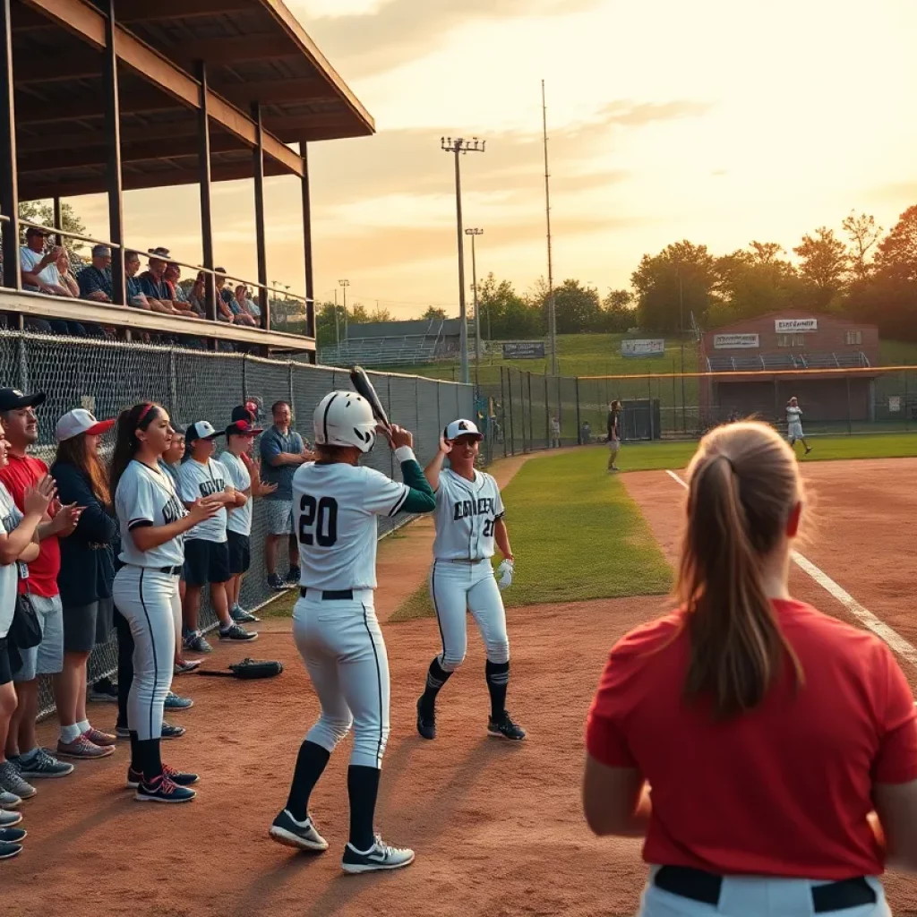 Mohave High School softball team celebrating a victory during a game.