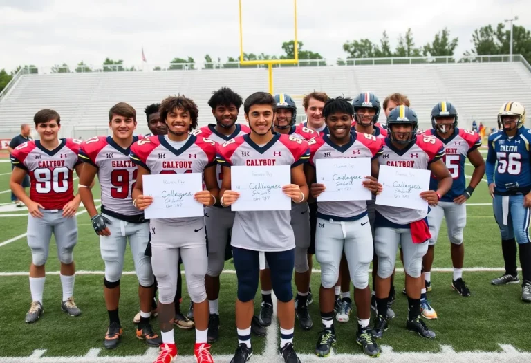 A celebration of high school football players committing to college, symbolizing teamwork and achievement in sports.