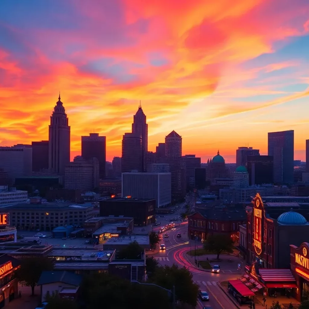 Nashville city skyline at sunset with lively bars and music venues