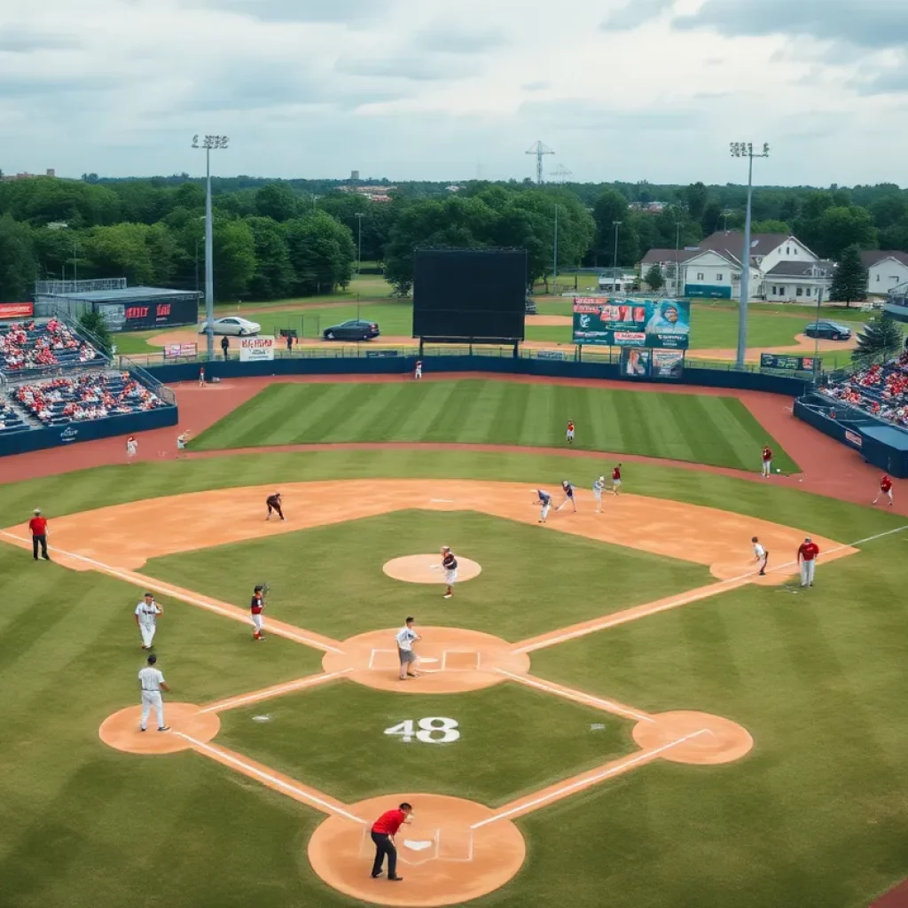 A busy high school baseball field with players and fans engaging in the game.