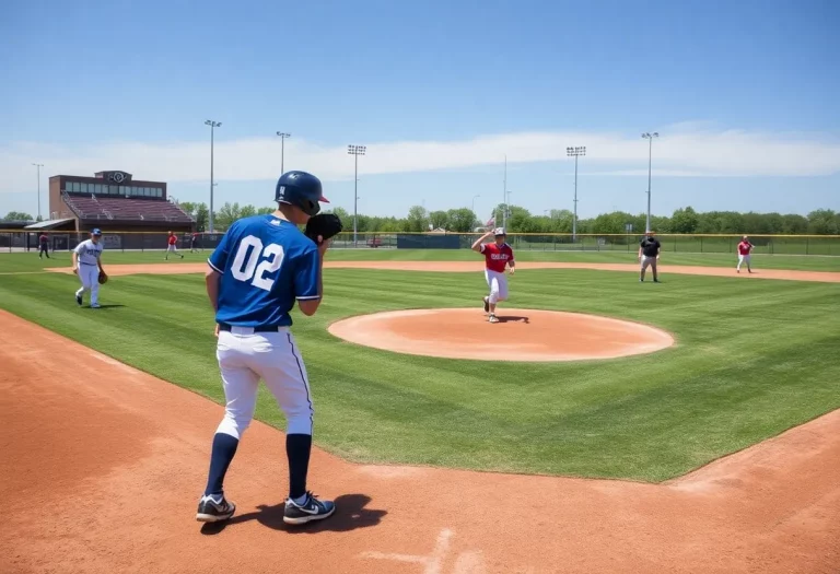 Baseball players on a field during practice for Nebraska high school baseball