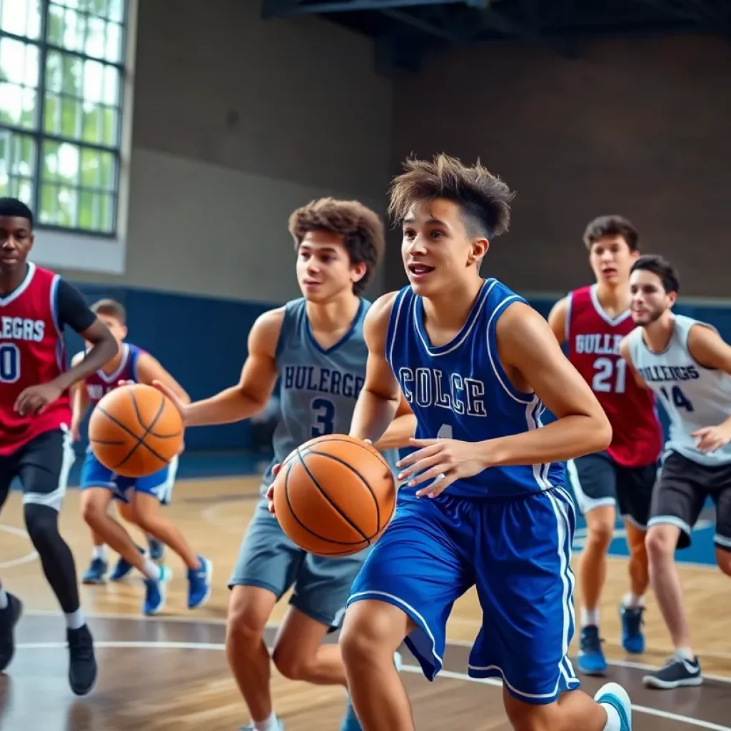 Young college basketball players on the court