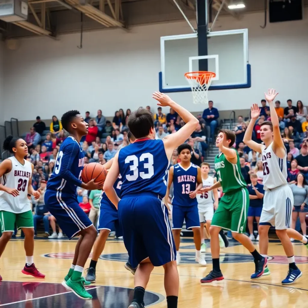 Players engaged in high school basketball action in New Jersey