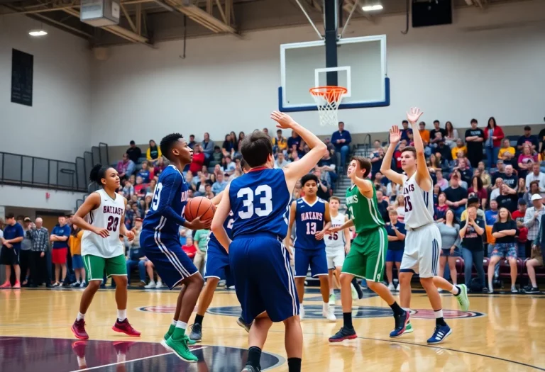 Players engaged in high school basketball action in New Jersey