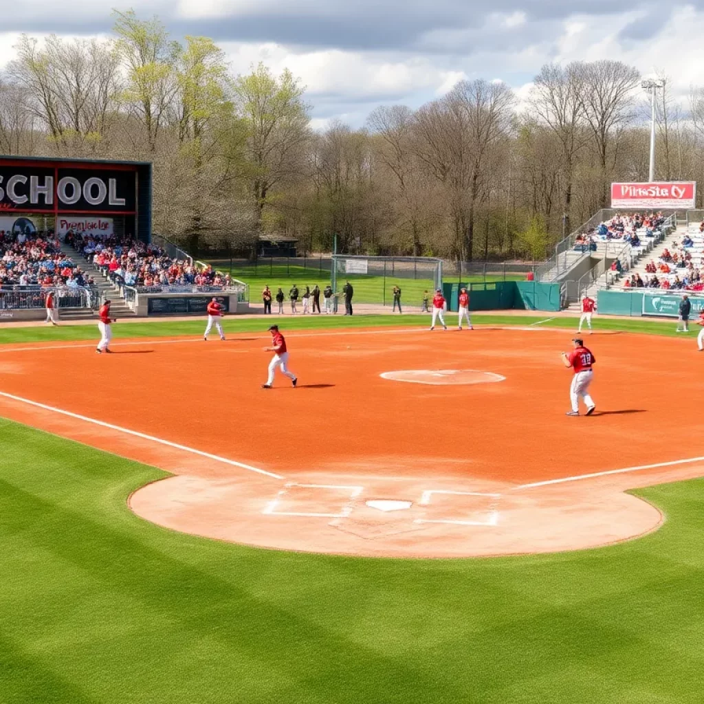 Scene of a high school baseball field with players and fans