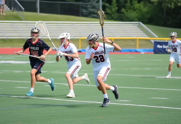 High school boys' lacrosse players in action during a game