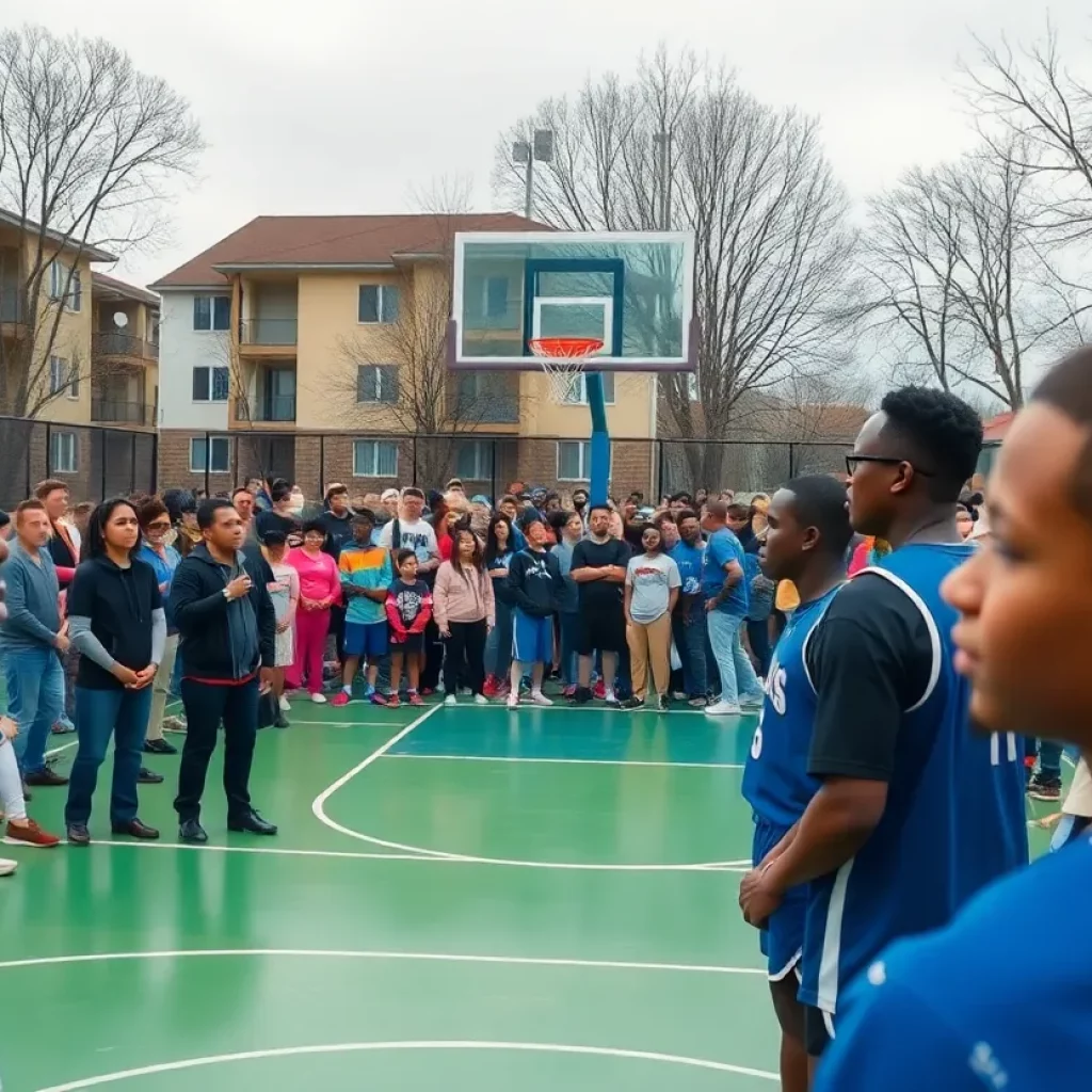 A basketball court with a concerned crowd gathered after a controversial incident.