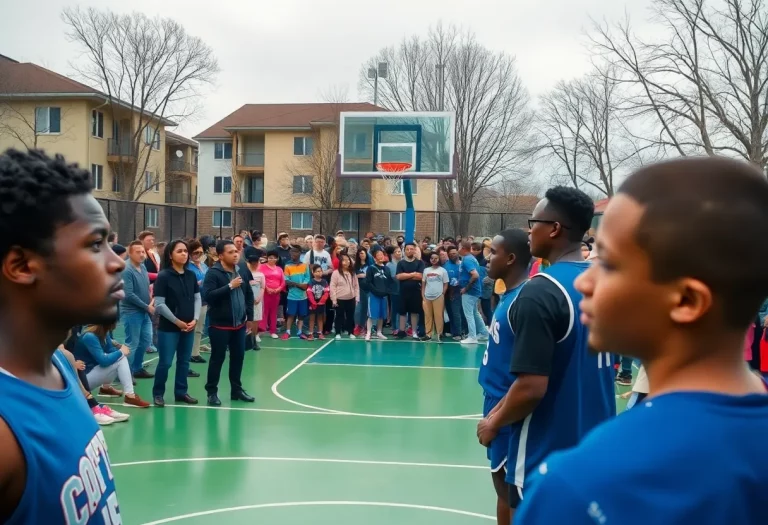 A basketball court with a concerned crowd gathered after a controversial incident.