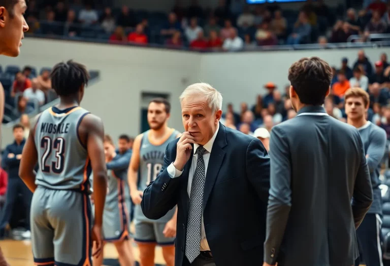 Scene depicting a tense moment during a basketball game with players and a coach
