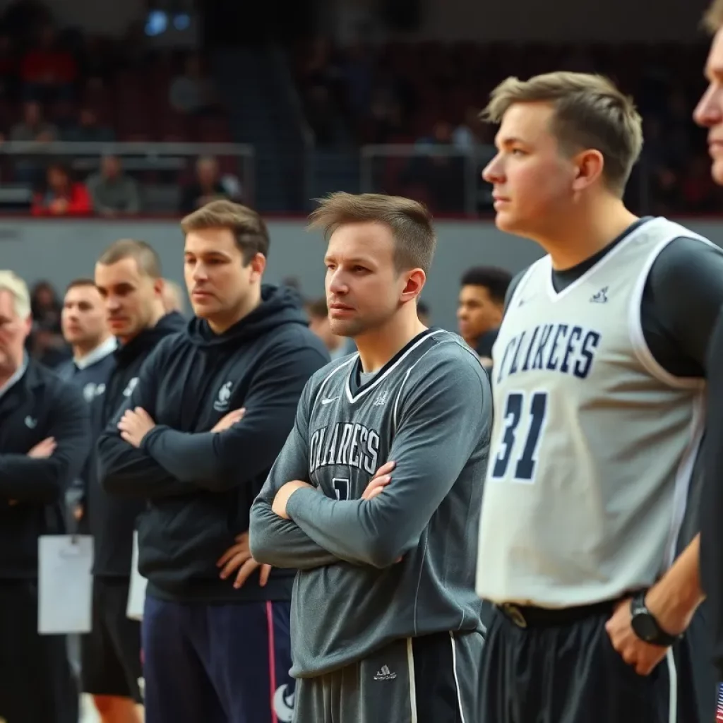 Tense basketball game sidelines with players showing concern
