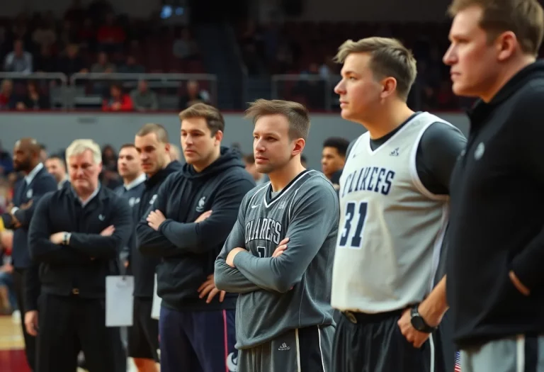 Tense basketball game sidelines with players showing concern