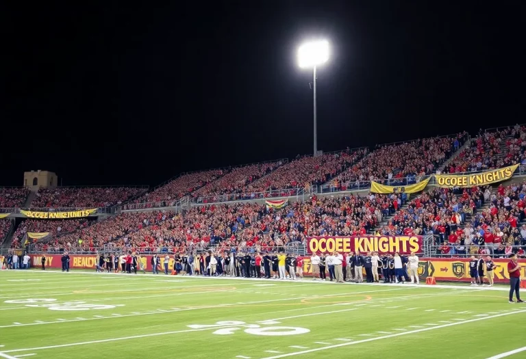 Ocoee Knights football team playing a game in a vibrant stadium