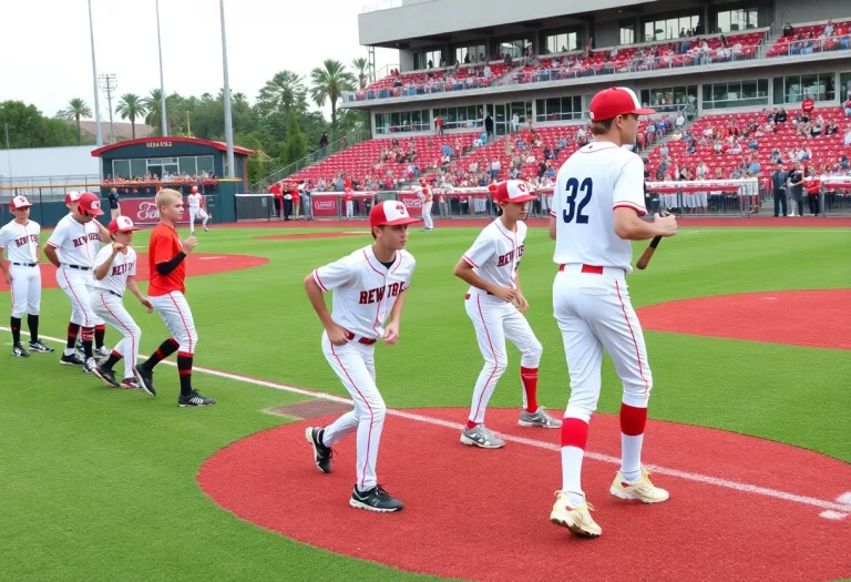 High school baseball players practicing on the field