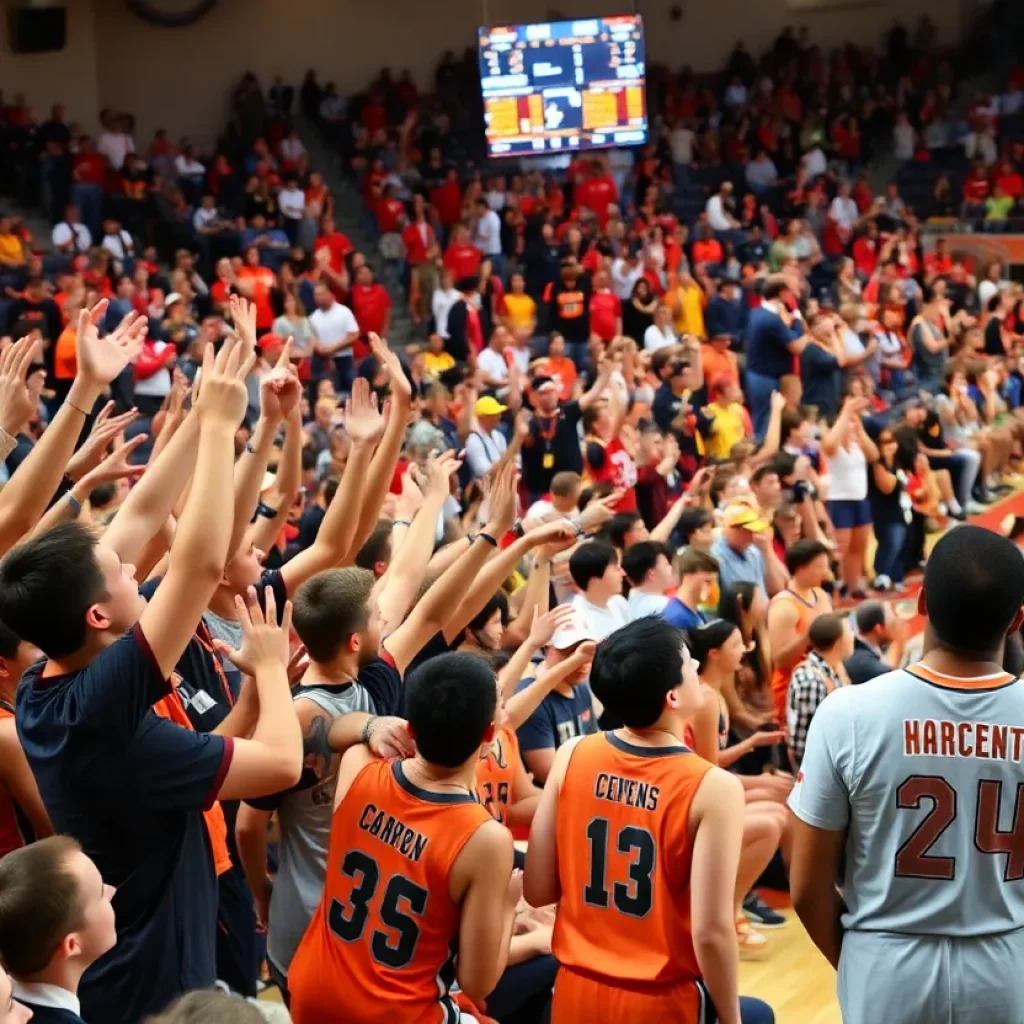 Fans cheering at the Ohio High School Basketball Championships in Columbus.
