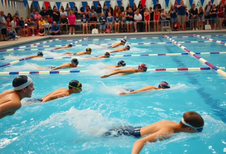 Swimmers competing in high school swimming at a pool
