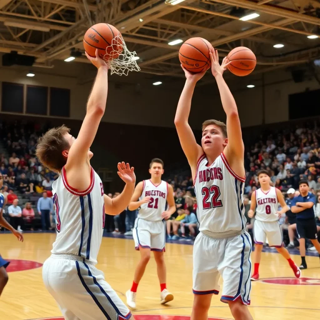 High school basketball players on the court in playoff action