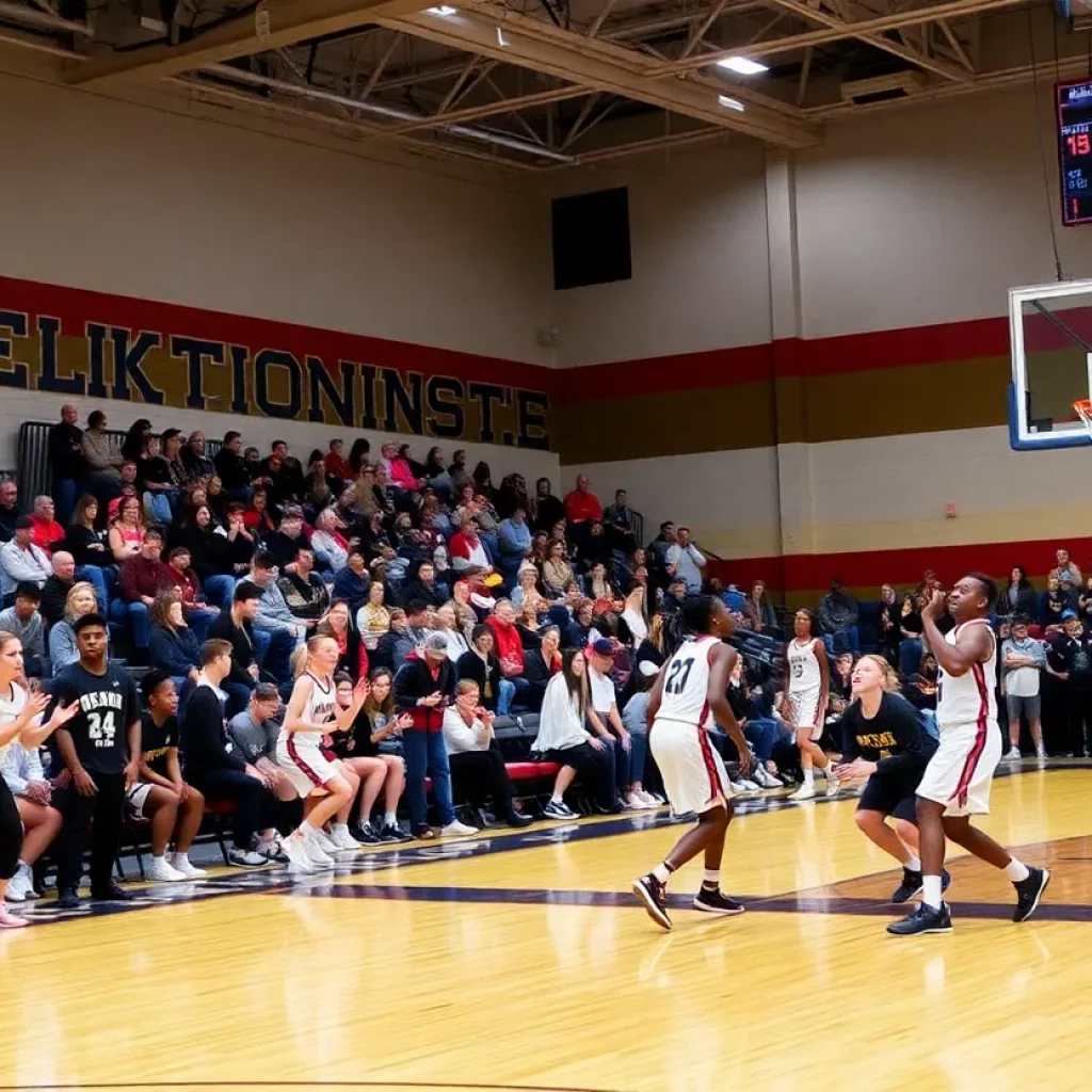 Players competing in an exciting high school basketball playoff game