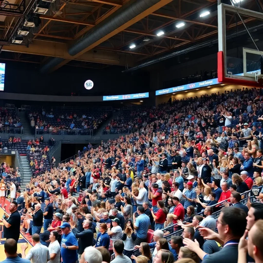 Fans in a basketball arena cheering during a tournament