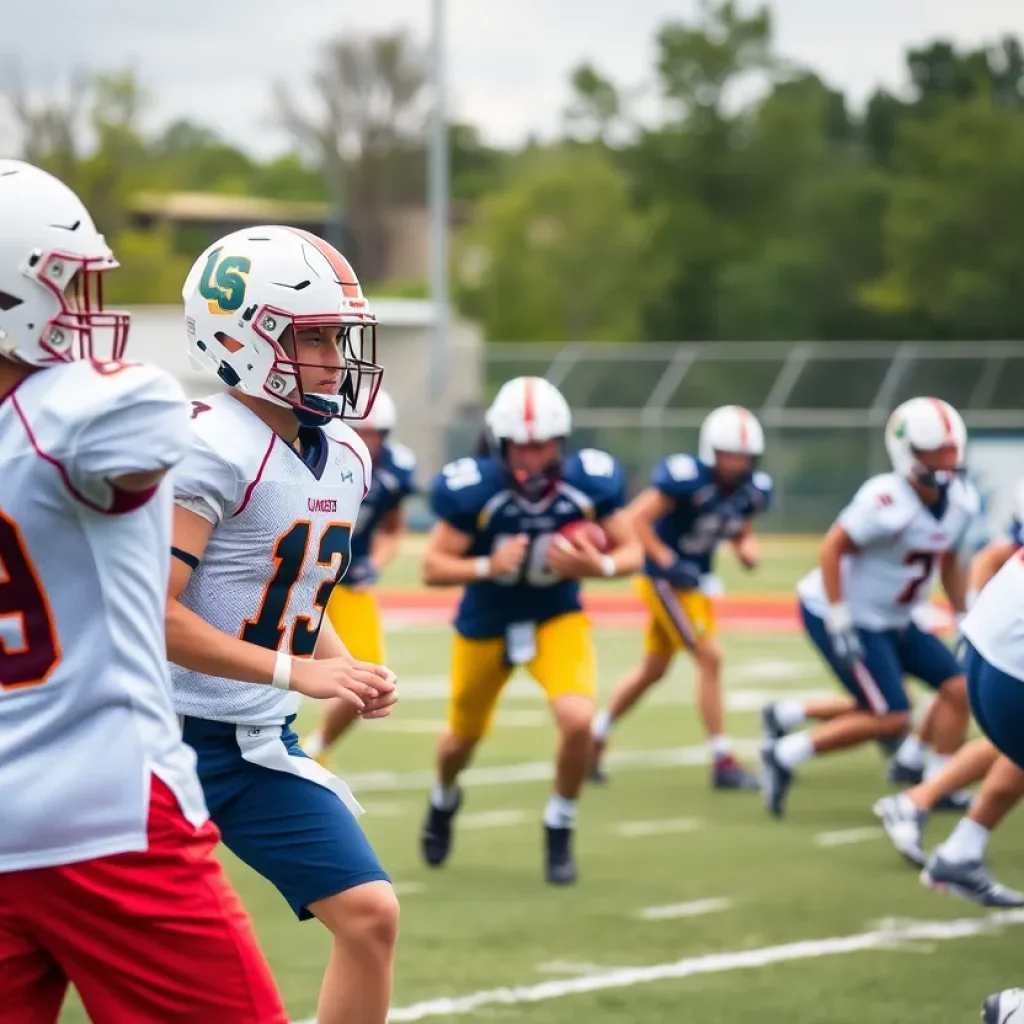 Oklahoma State football team practicing on the field