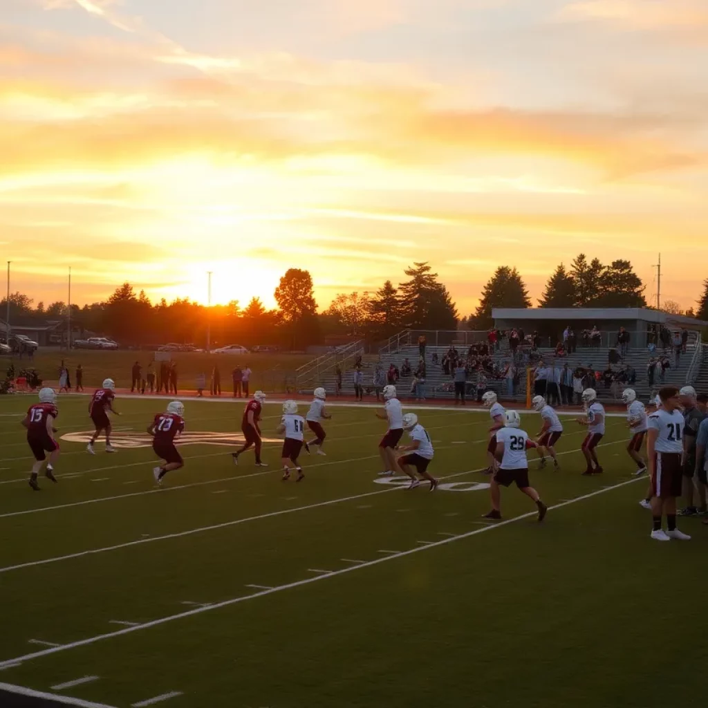Scenic football field at sunset with players and fans
