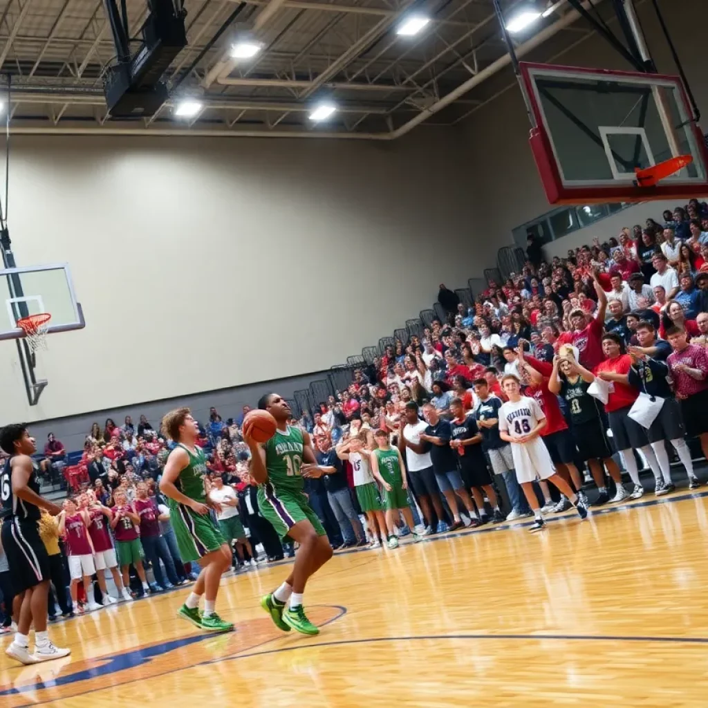 Exciting scene of Oregon high school basketball playoffs in action.