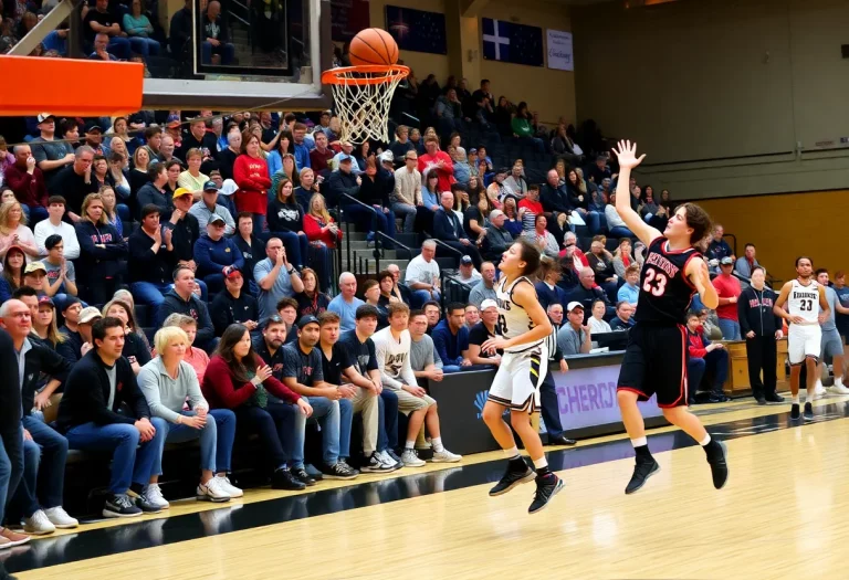 High school basketball players in Oregon competing in a game.