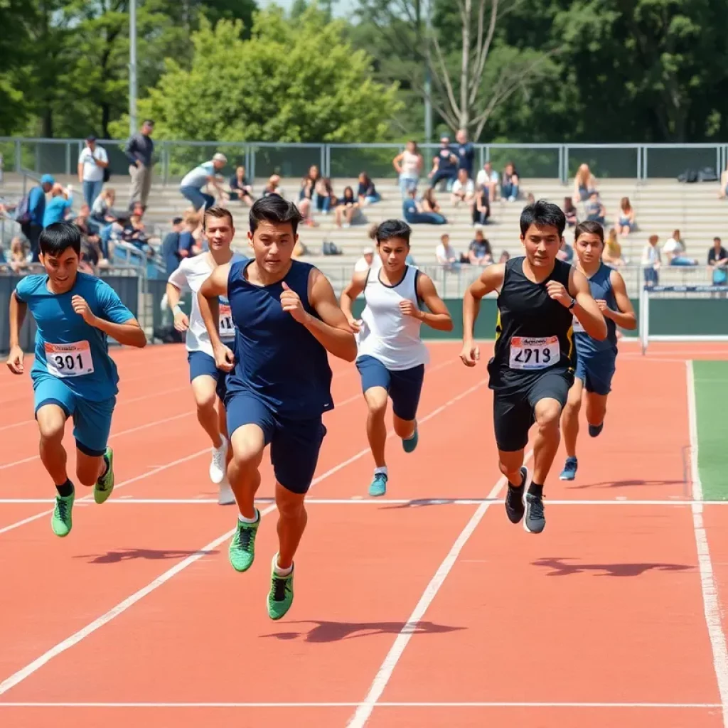 High school track and field athletes training on track