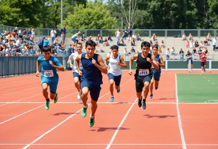 High school track and field athletes training on track