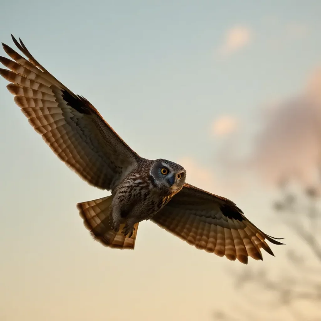 Owl flying in the sky after rescue from netting