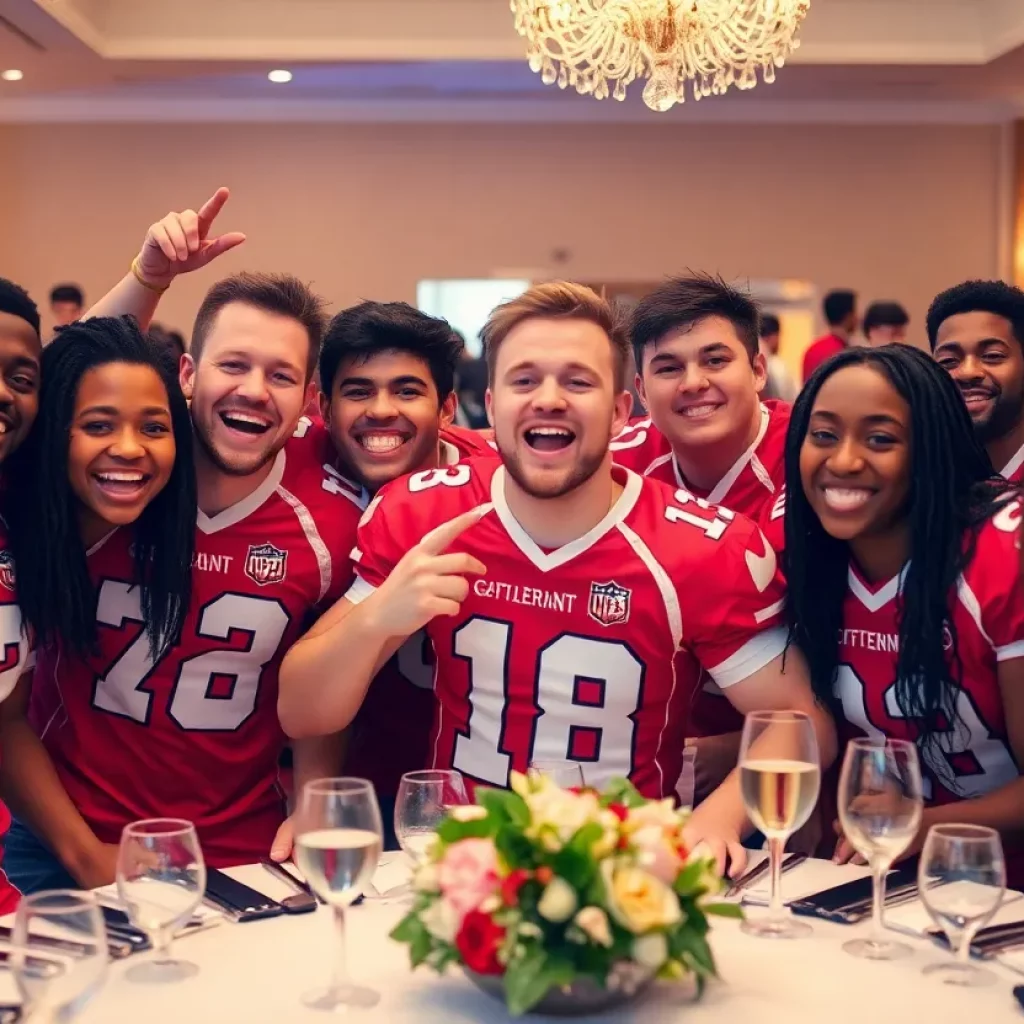 Pasadena High School football players celebrating at the banquet with new uniforms