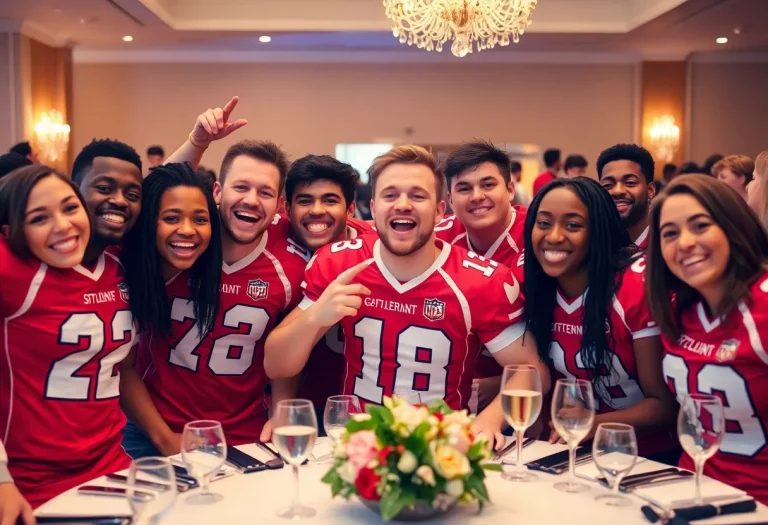 Pasadena High School football players celebrating at the banquet with new uniforms
