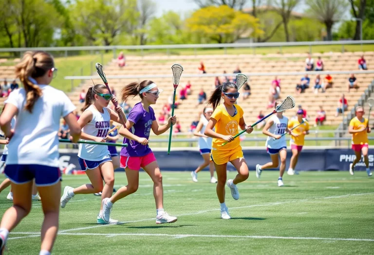 Girls playing lacrosse on a sunny field in Pensacola