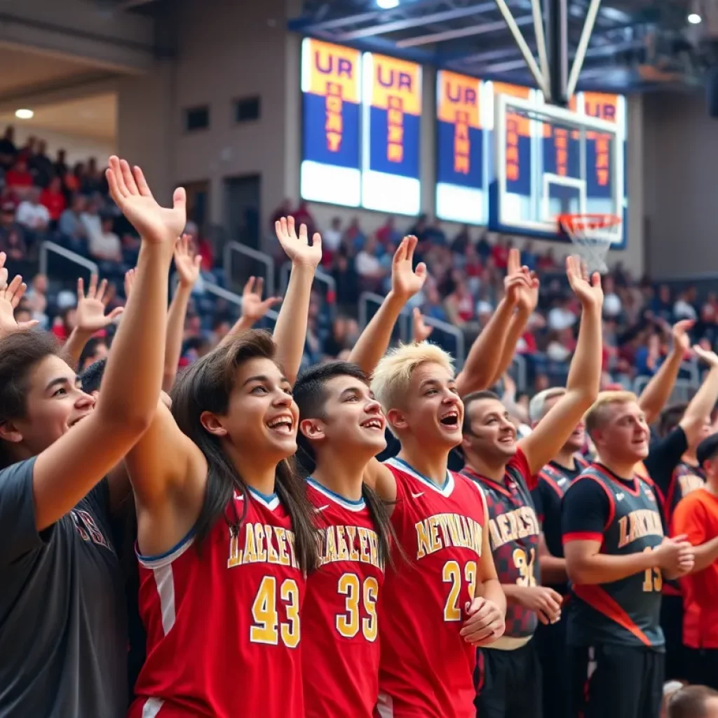 Perry High School basketball team celebrating with fans.