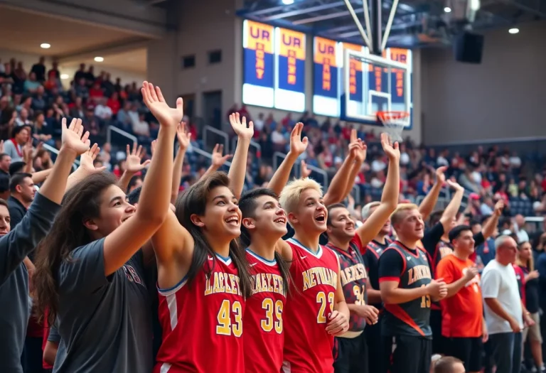 Perry High School basketball team celebrating with fans.