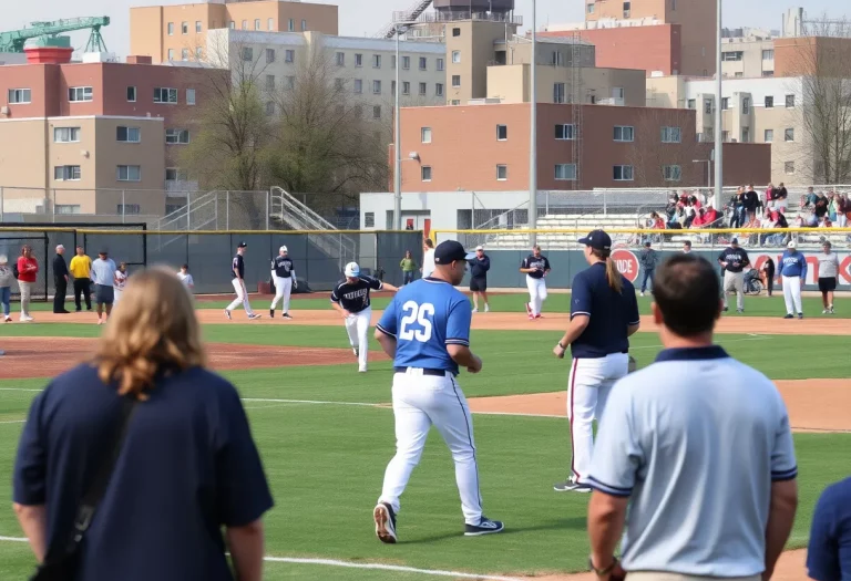 Players and coaches on a high school baseball field in Port Richmond