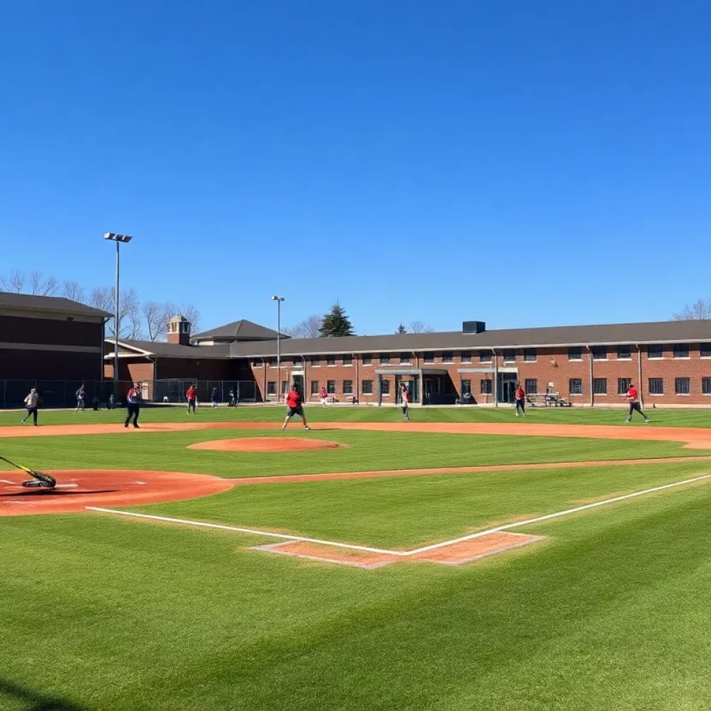 Players practicing on a baseball field