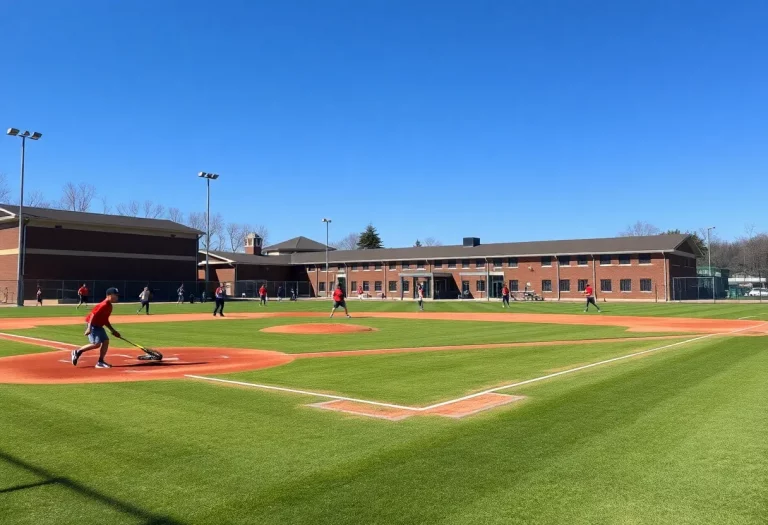 Players practicing on a baseball field