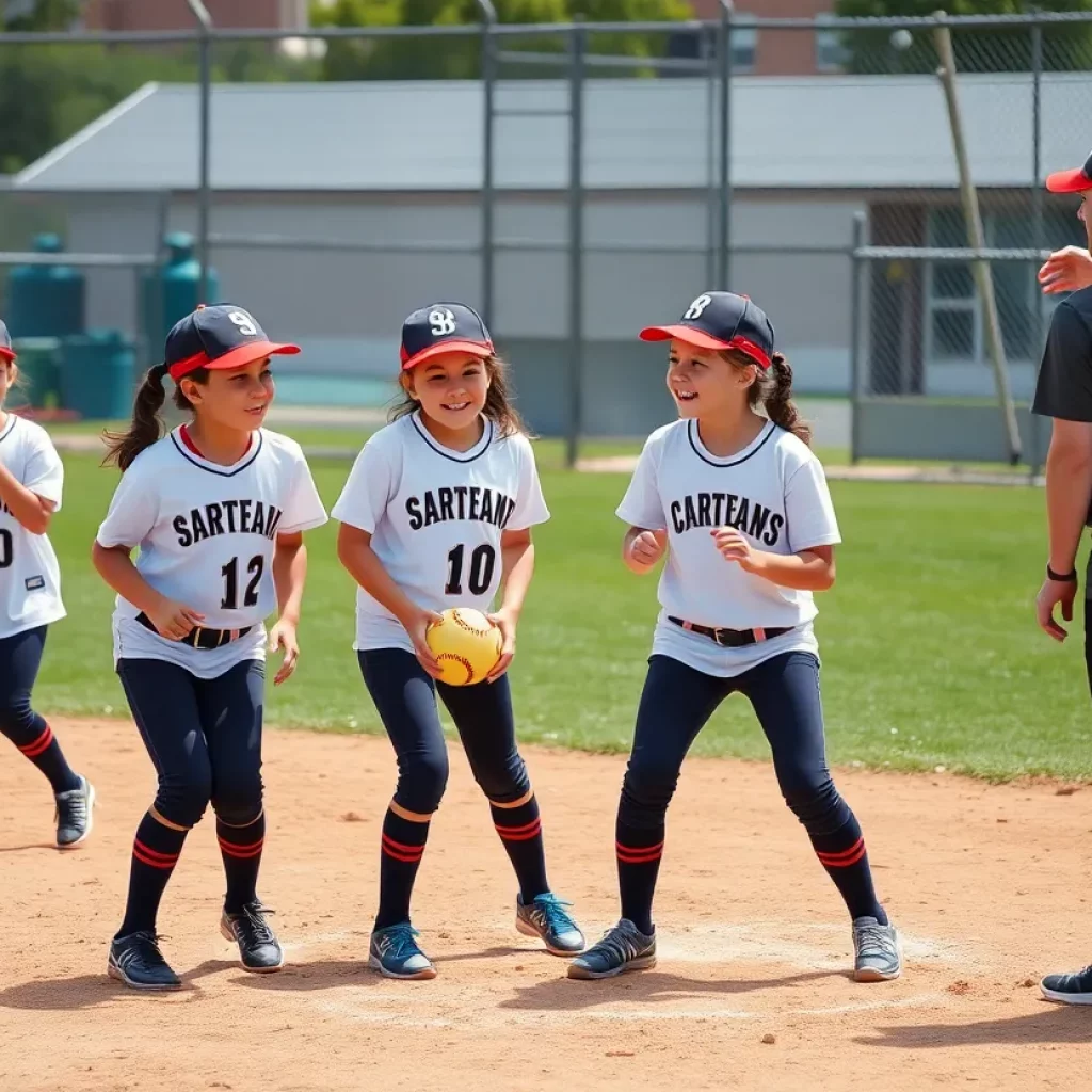 Reed High School softball team members practicing on the field with several twins.