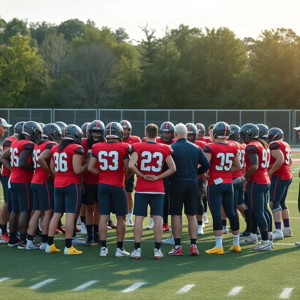Football team in a huddle during practice