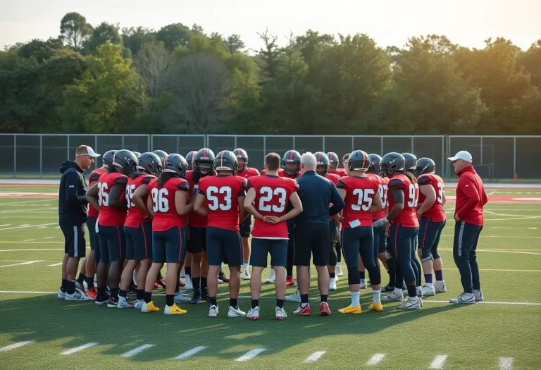 Football team in a huddle during practice