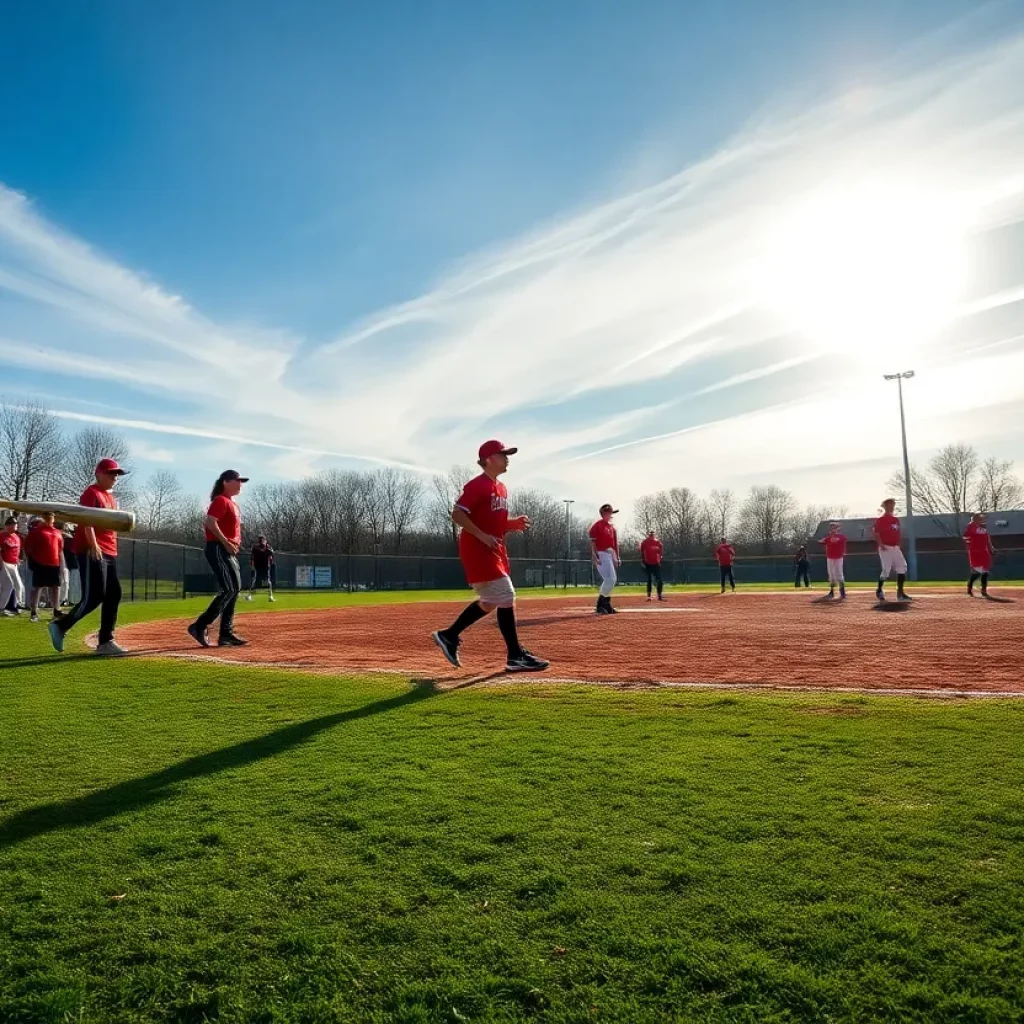 High school softball teams practicing on a field during spring