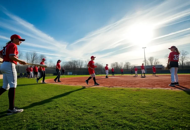 High school softball teams practicing on a field during spring